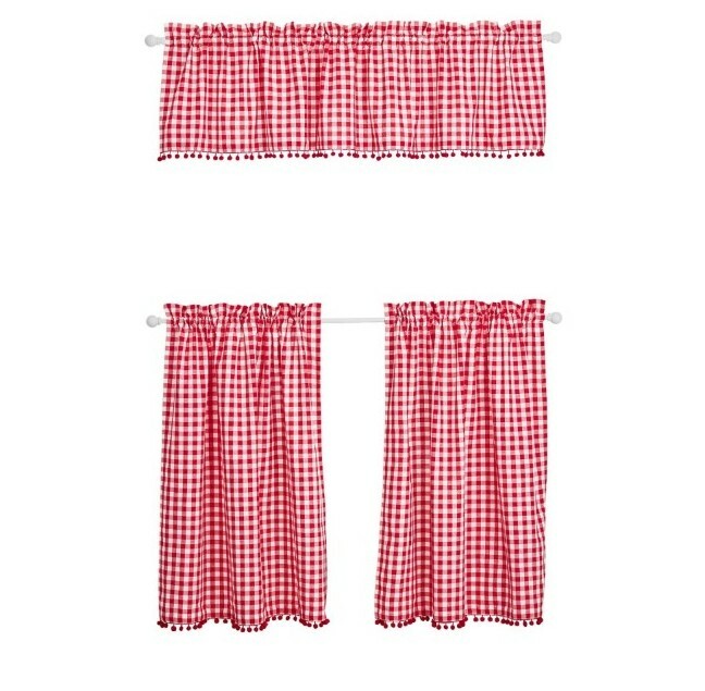 Pioneer Woman ~ Three Piece Curtain Set ~ Red & White Gingham ~ Tiers ~ Valance