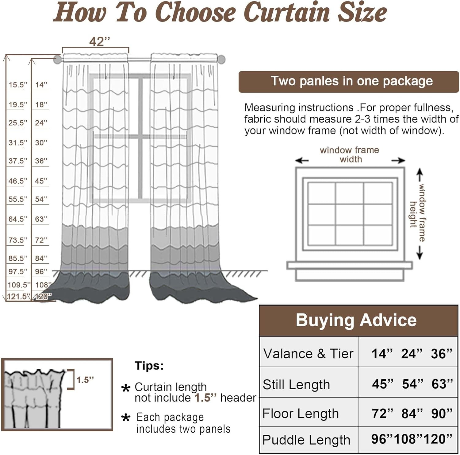 Ivory Sheer Curtains 96 Inch Length 2 Panels Set, Elegant Light Filtering Voile