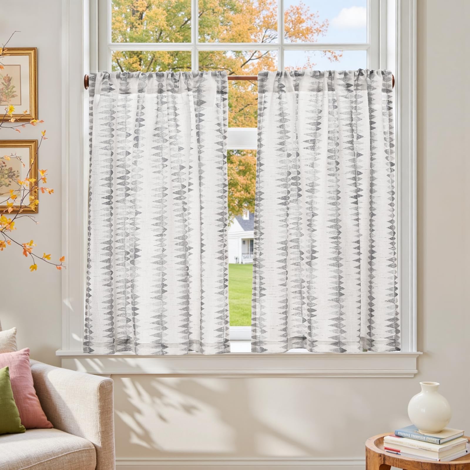 jinchan Grey Boho Linen Kitchen Tier Curtains 36 Inches Rod Pocket 2 Panels