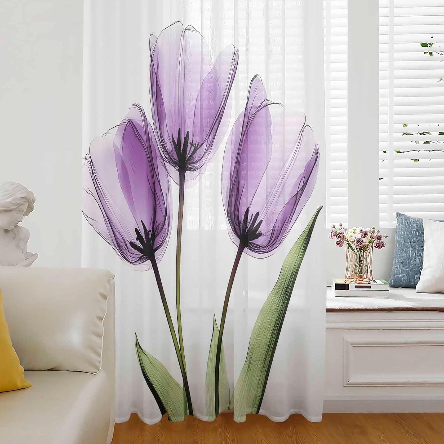 Purple Tulip Window Curtains 63 Inches Long,Aesthetic Pastoral Flower Floral Spr