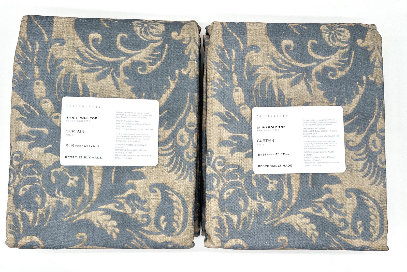 Pottery Barn~ Stella Damask Print Curtains~Set of 2~50 x 108~Steel Blue