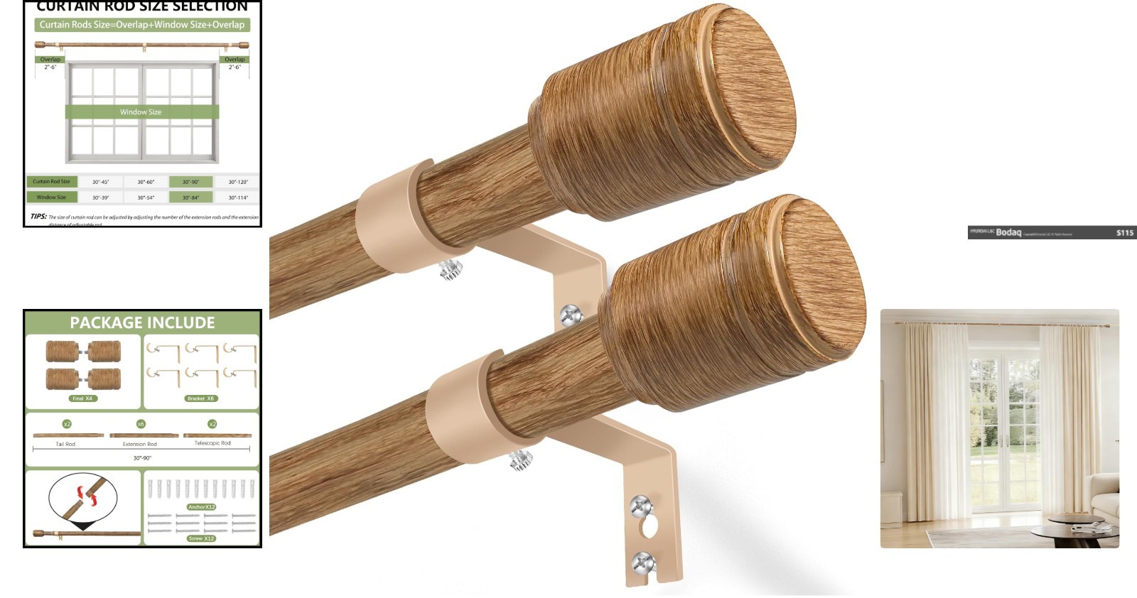 Elegant 5/8” Diameter Adjustable Curtain Rods 30-90 Inch – 2 Pack Wood Grain