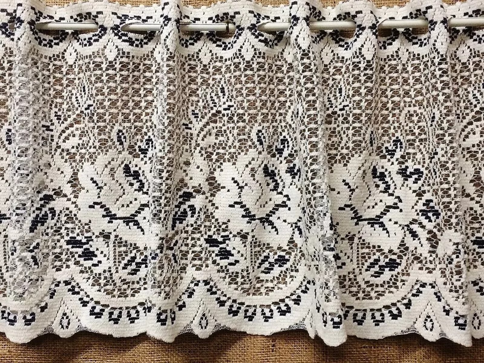 Victorian Rose Cotton Blend Cream and Navy Lace Valance 62″ x 12.5″ Kitchen