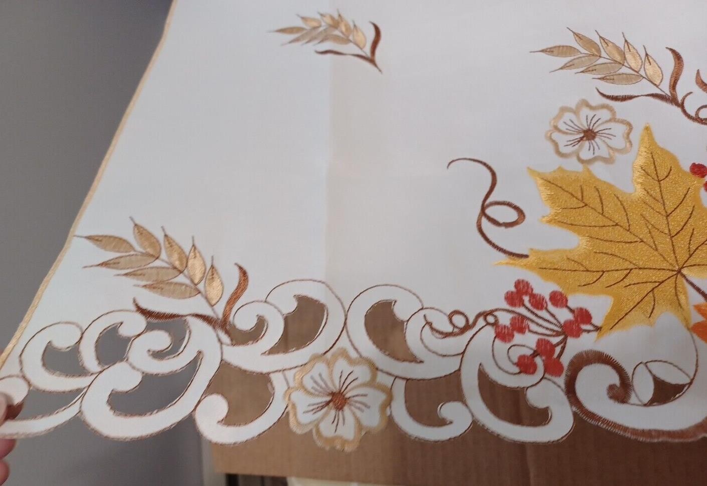 Autumn Fall Leaf Cafe Tier 2 Curtains 24″Length Pair Scallop Embroider Set