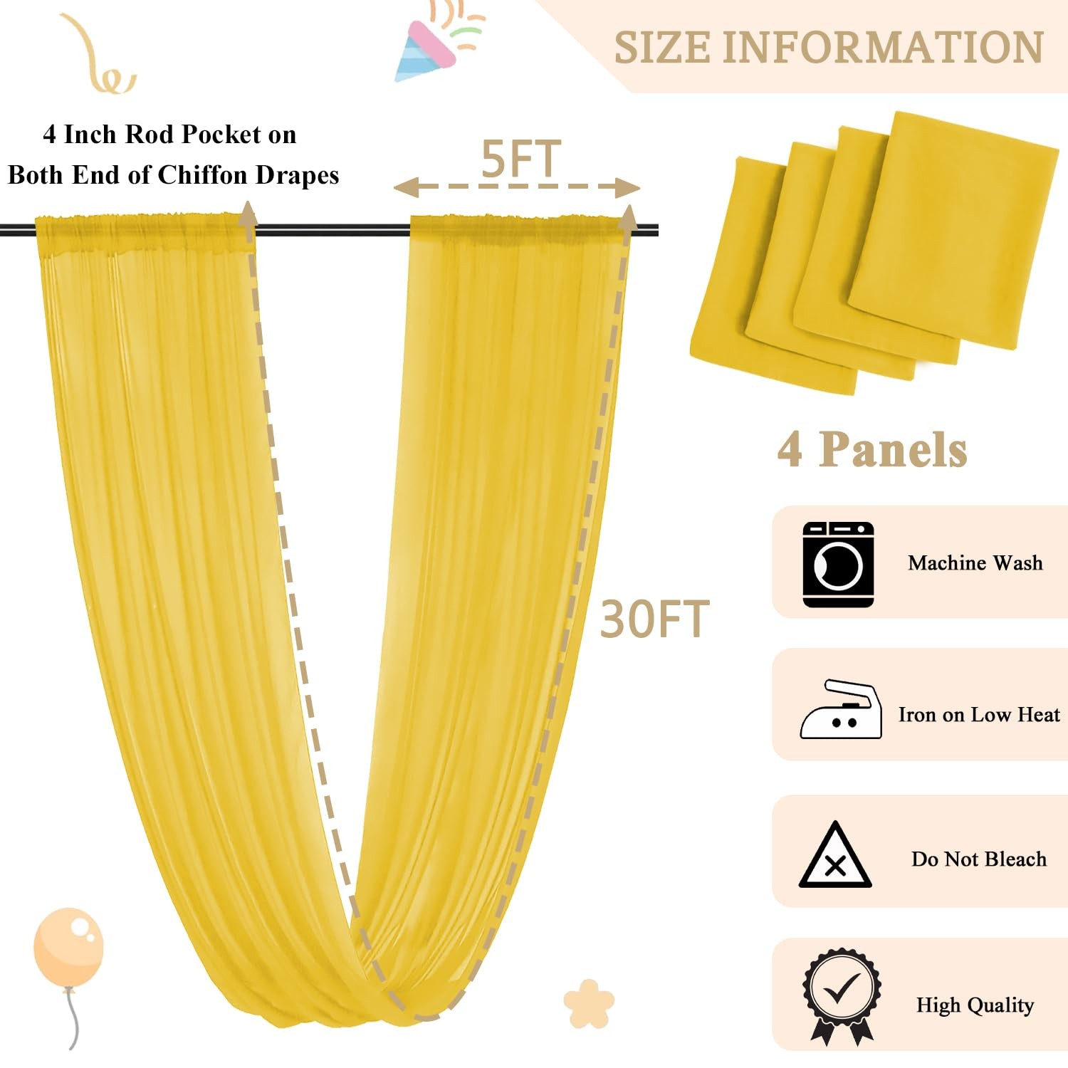 MODFUNS Ceiling Drapes for Parties Gold Sheer 60″W x 360″L (Pack of 4),