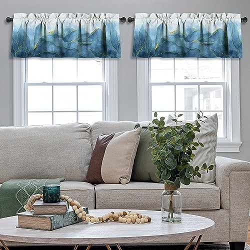 Kitchen Curtains Abstract Art Valances for 52″W x 18″L (Pack of 2) Blue Gold