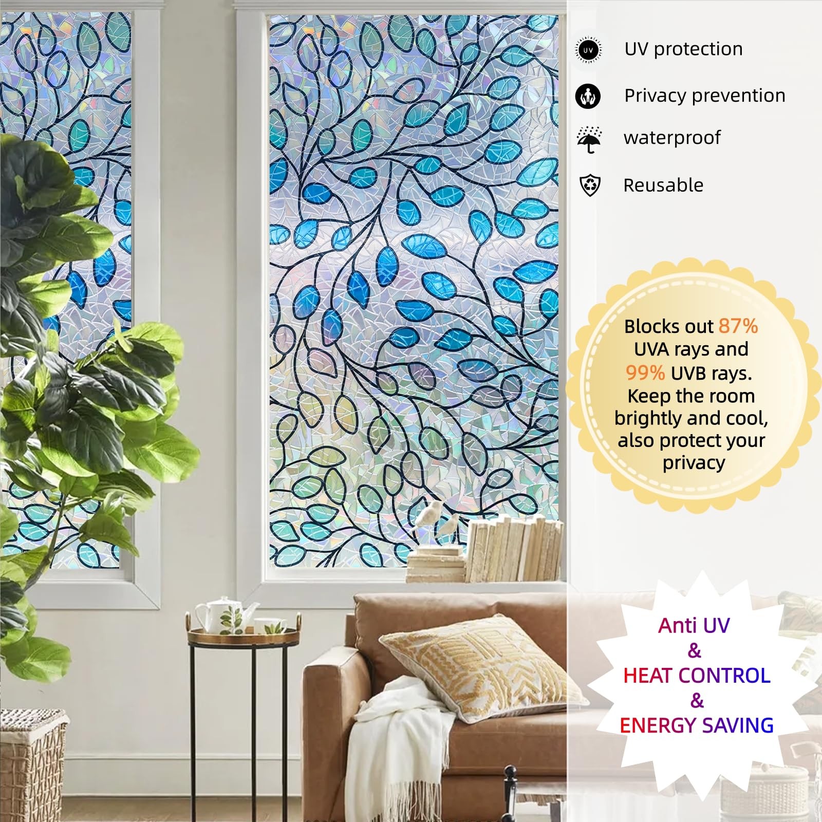 Privacy Window Film with UV Protection & Heat Insulation, Static Cling Sun Bl…