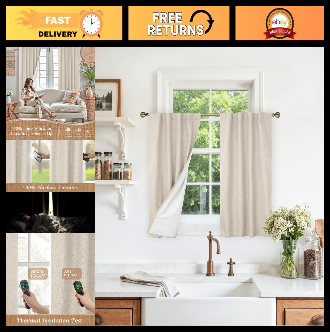 100% Blackout Linen Kitchen Curtains, 36″ Back Tab Rod Pocket Drapes, 2 Panels,