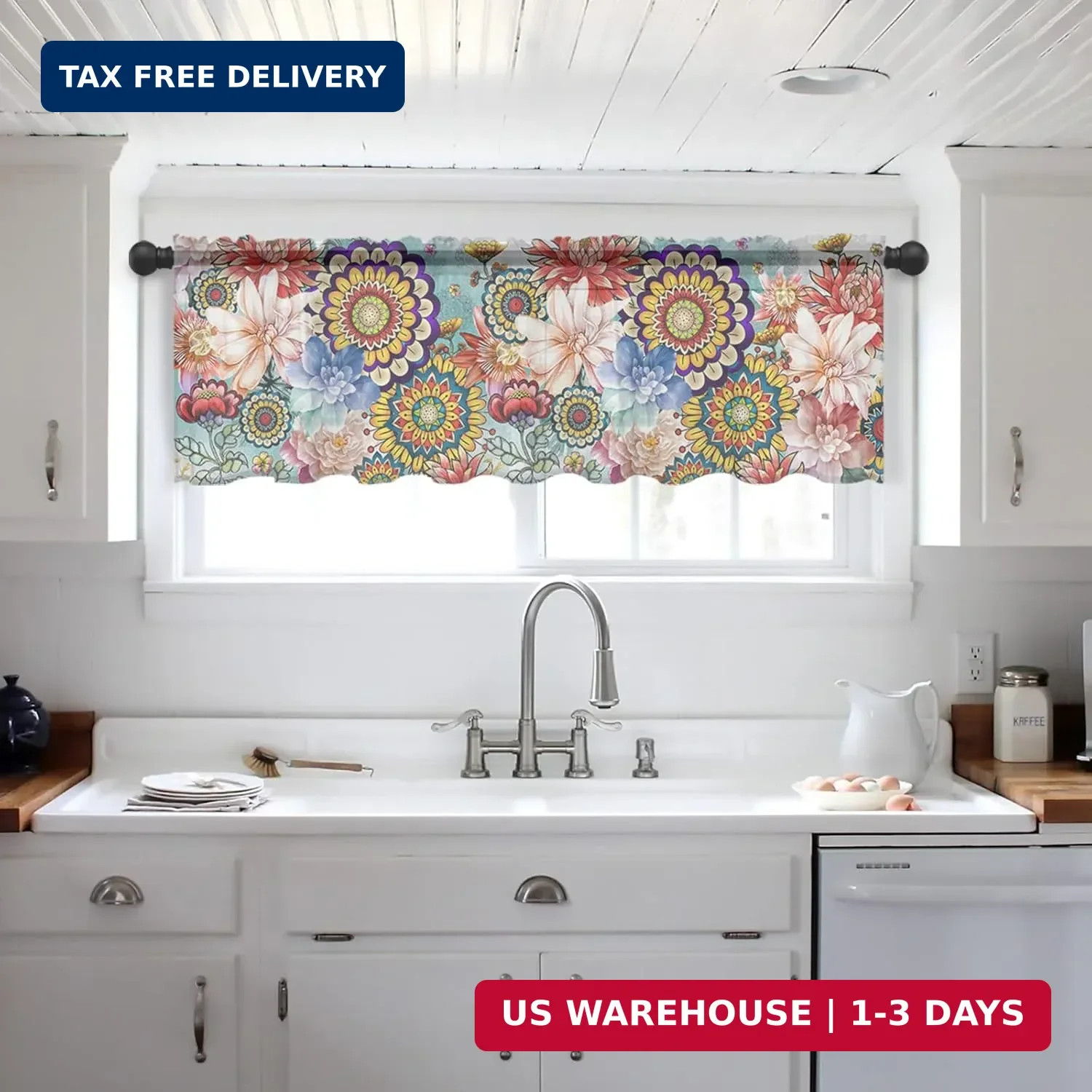 Boho Flowers Valance Curtains for Kitchen/Living Room/Bathroom/Bedroom Window, C