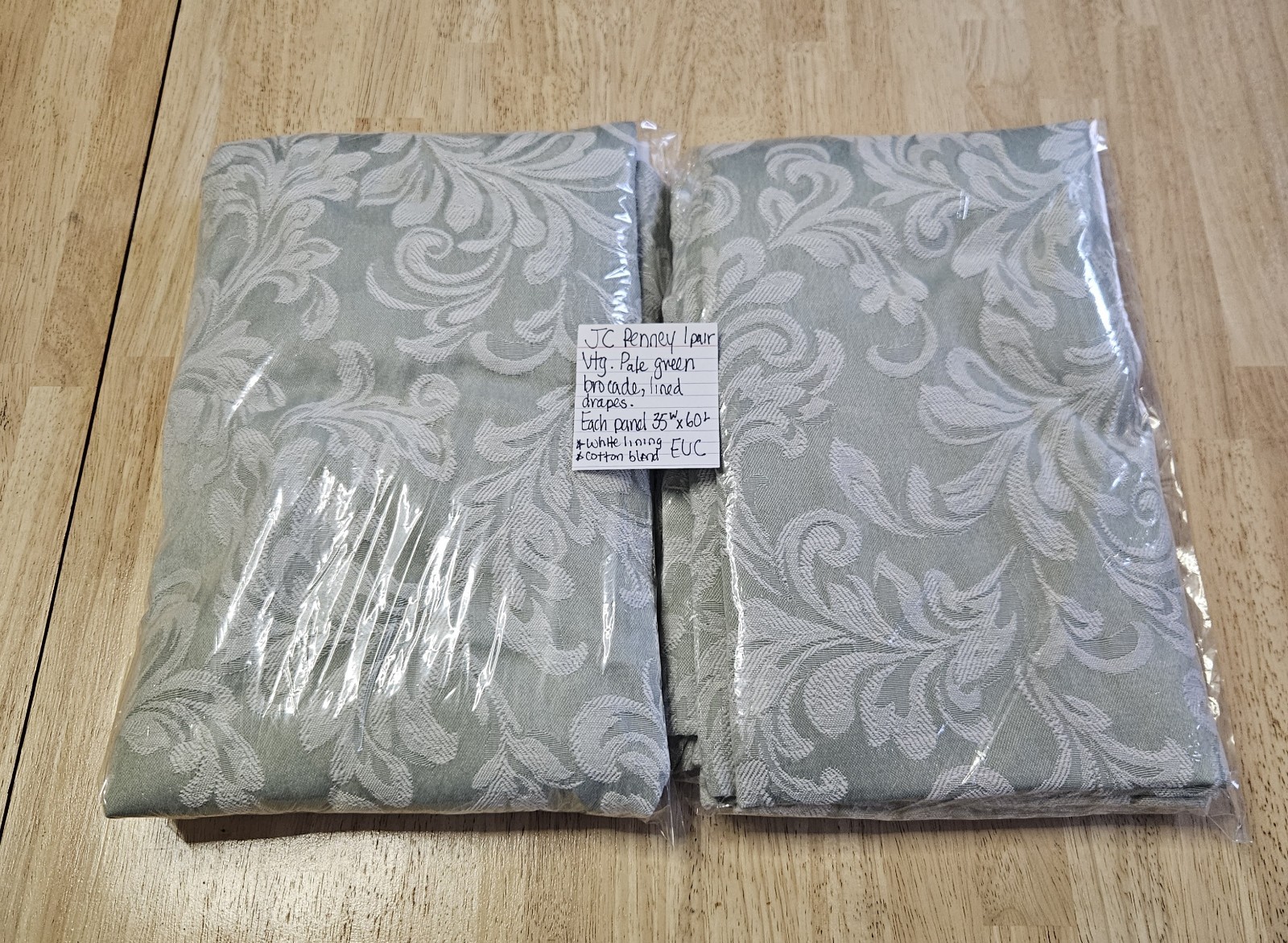 VTG JC PENNEY 1 PAIR JACQUARD DRAPES 35X60 ea. Pale Green Brocade WhiteLined EUC