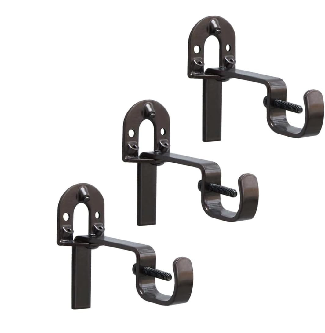 Universal Curtain Rod Brackets Set of 3 Bronze Heavy-Duty Steel No-Drill
