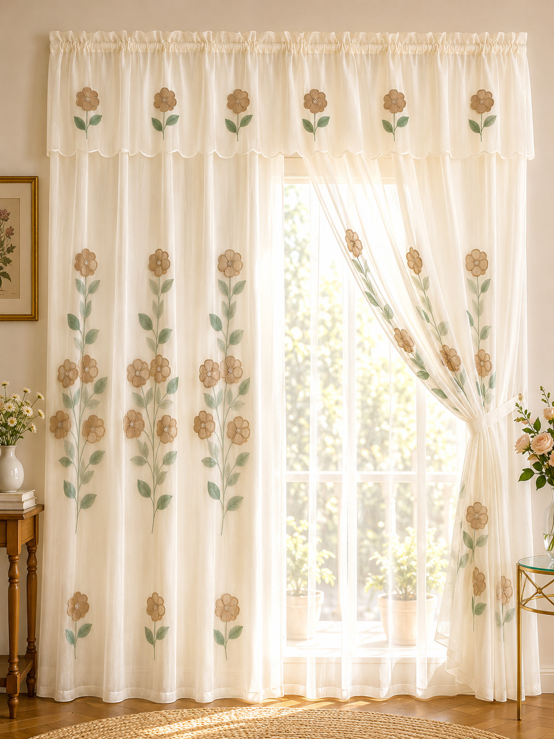 Vintage Ivory Floral Sheer Curtain Panel Double Layer Valance 60 in. x 84 in.