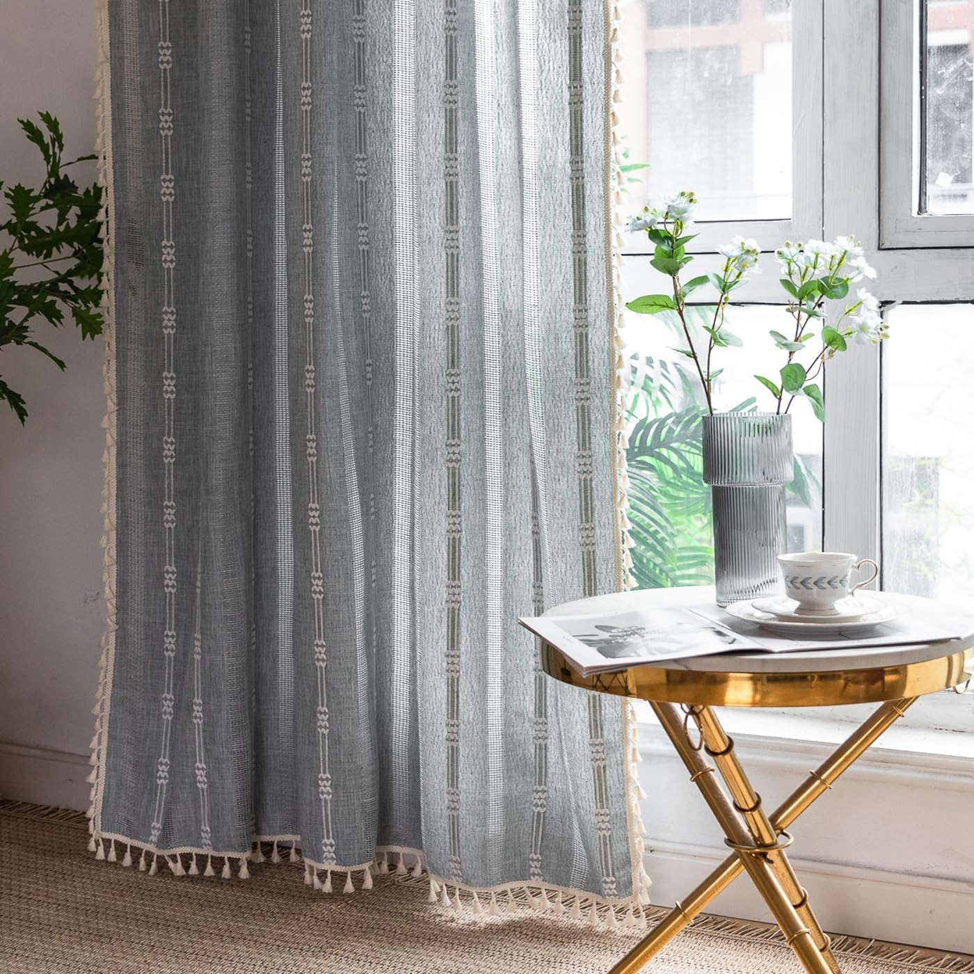Boho Linen Curtains Set – 63″ 84″ 96″ Light Filtering Embroidery, Blue
