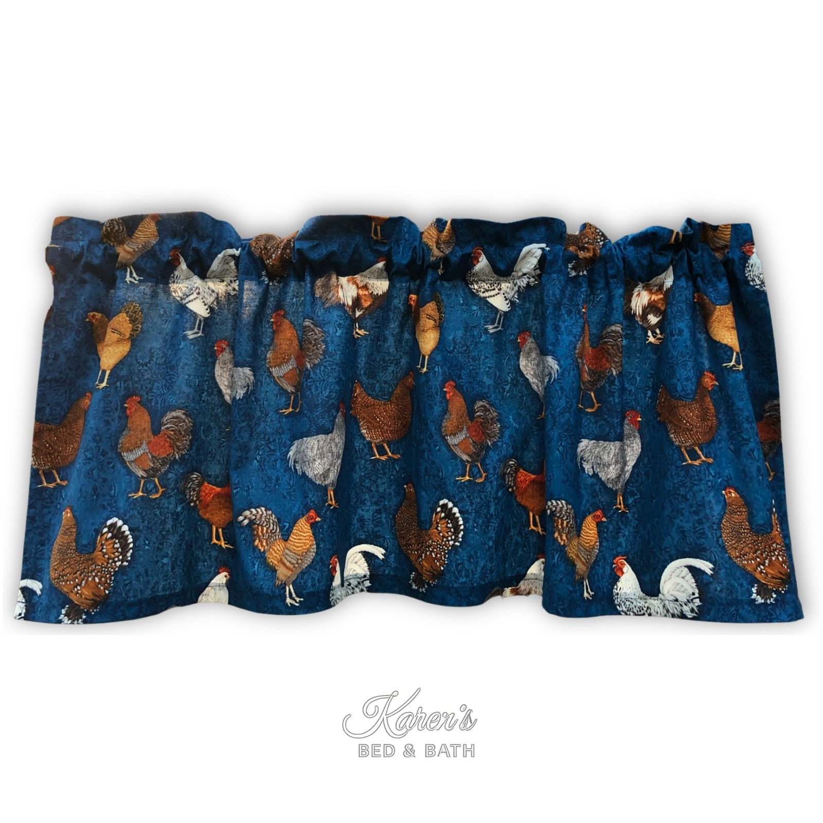 Chicken Rooster Valance Barnyard Farm Blue Country Farmhouse Kitchen Curtain