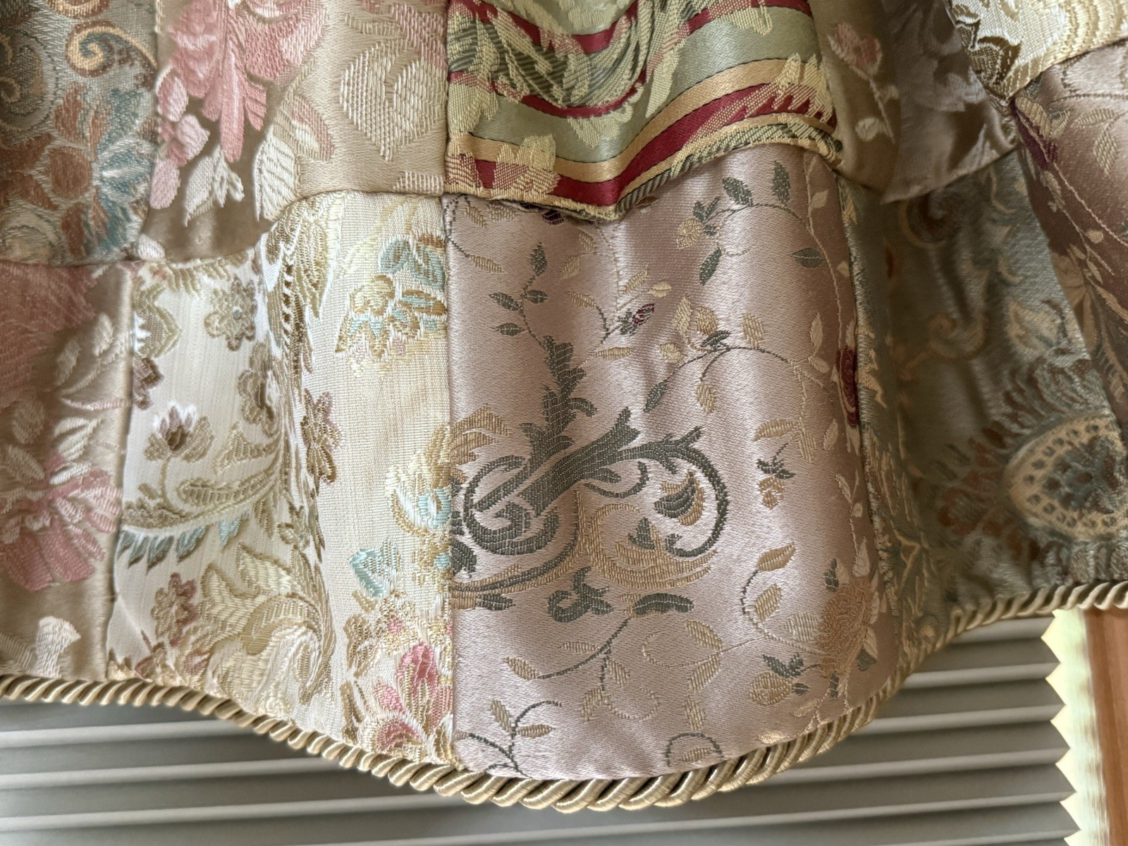 3 JC Penney Home Patchwork Valances Silky Brocade Floral Scrolls Piping Ea 20X83