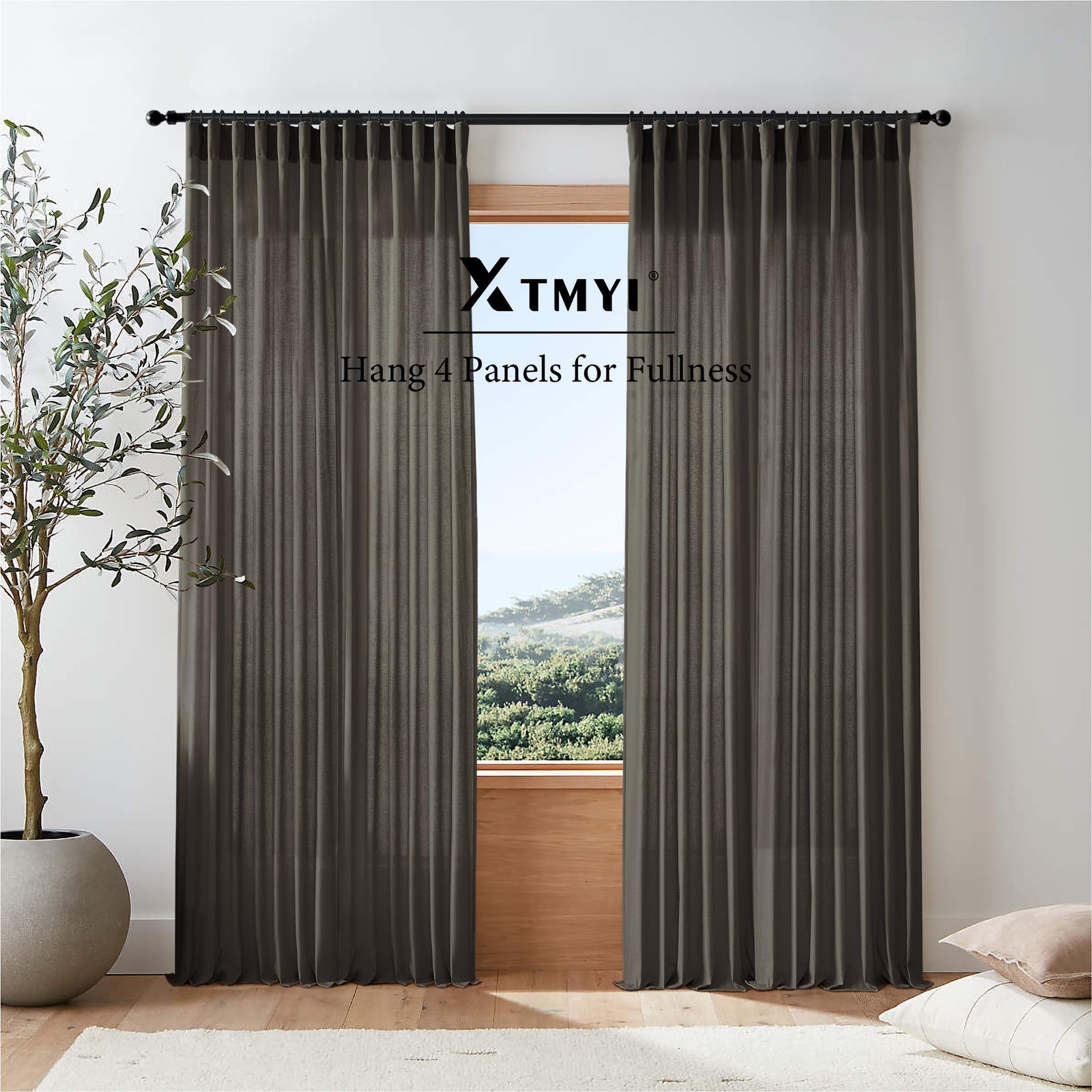 Chocolate Brown Curtains 96 Inches Long 2 Panel Set,Sheer Linen Pleated Back Tab