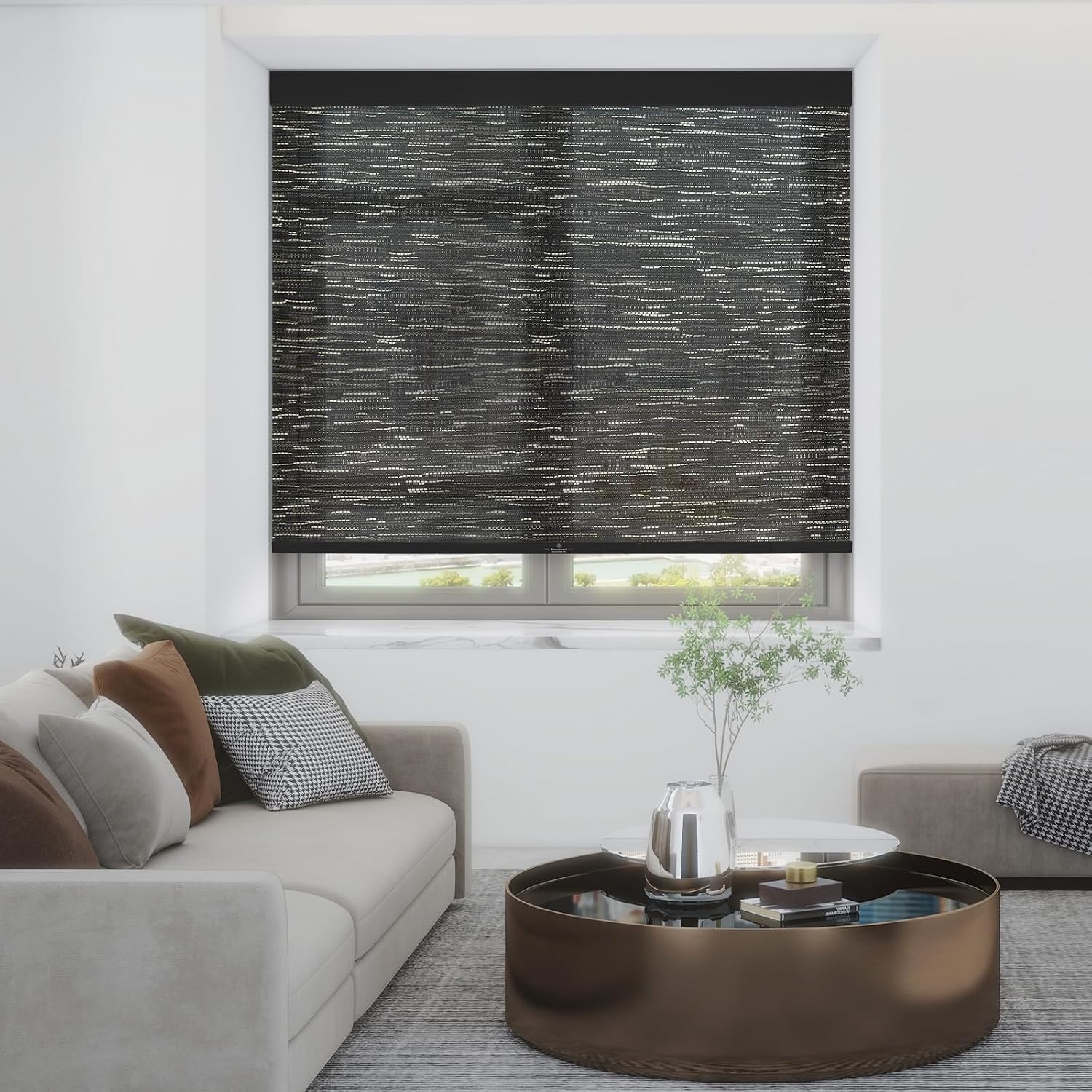 Cordless Roller Shades 22 in W x 72 in H Black Light Filtering Linen Look Blind