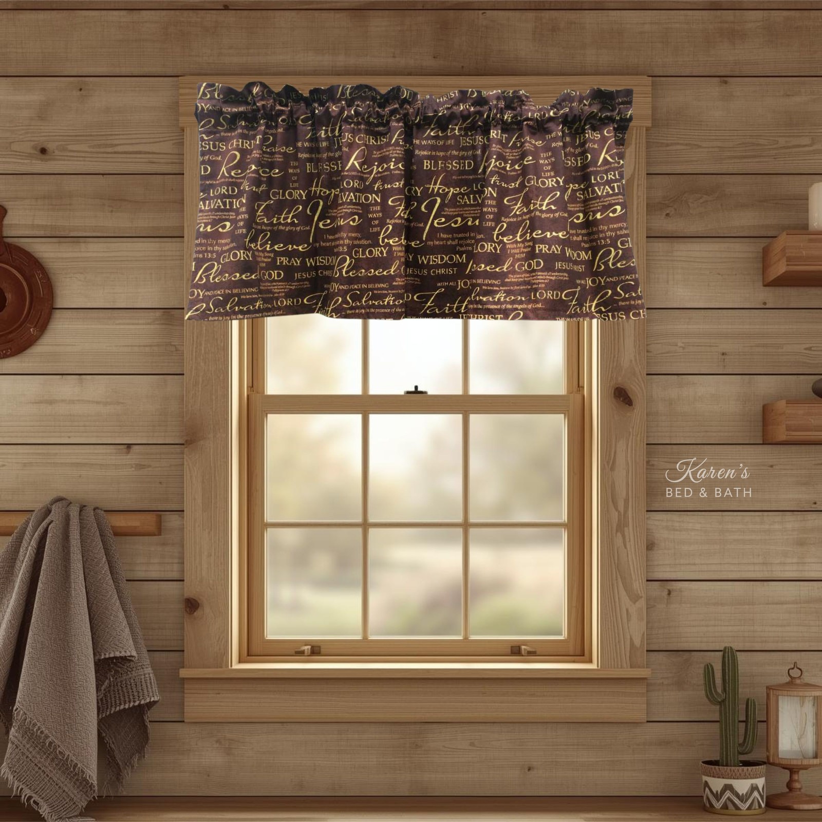 Christian Bible Swag Valance Verses Hope Rejoice Faith Brown 3pc Curtain Set
