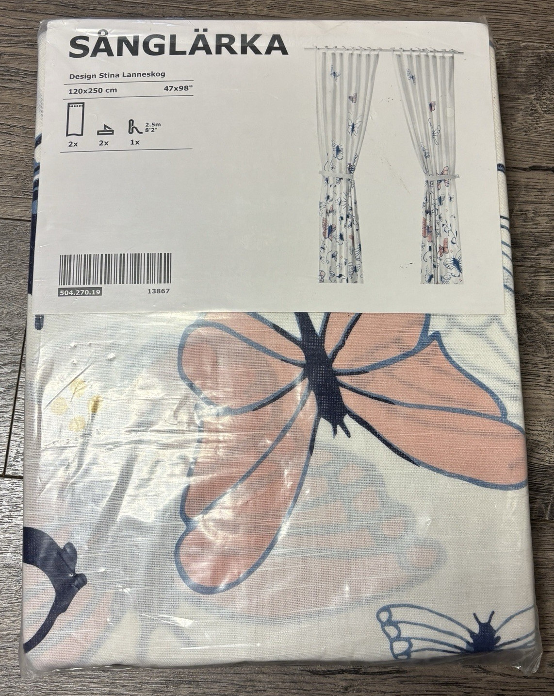 Ikea SANGLARKA Curtains w/ tie-backs, 1 pair, butterfly/white blue 47×98 ” – NEW