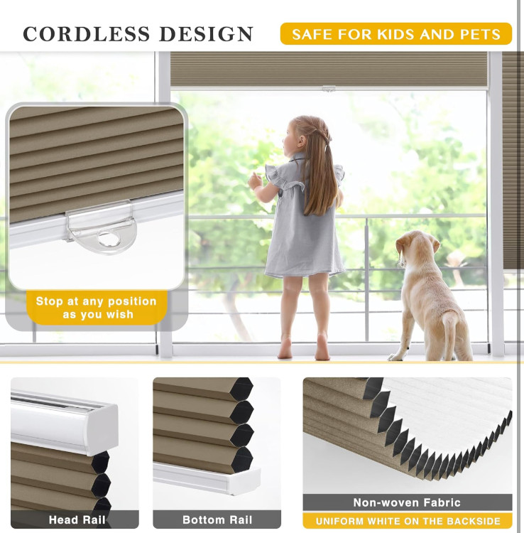 LazBlinds Cordless Cellular Blackout Honeycomb Shades 36″ x 72″ – Dark Coffee