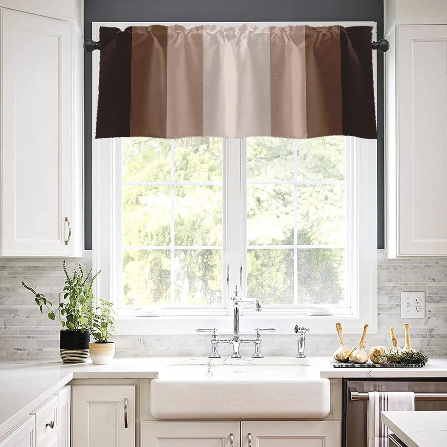 2 Pack Valances Window Treatments, Striped Neutral Brown Minimalist Beige Retro