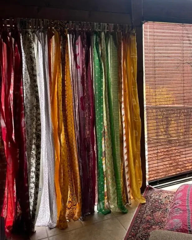 2 Pc Indian Old Recycle Silk Saree Boho Multi Curtain Door Drape Decor Curtain