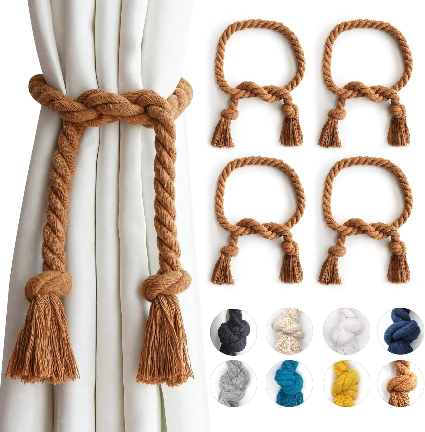 4 Pack Outdoor Curtain Tiebacks Rope, Natural Cotton Curtain Holders, Village Ru