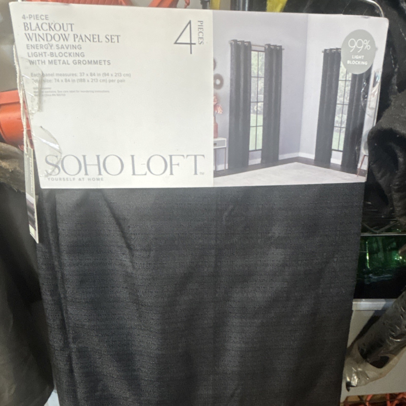 SOHO LOFT 4-Piece Blackout Window Panel Set, Black, Grommets, 99% Blackout