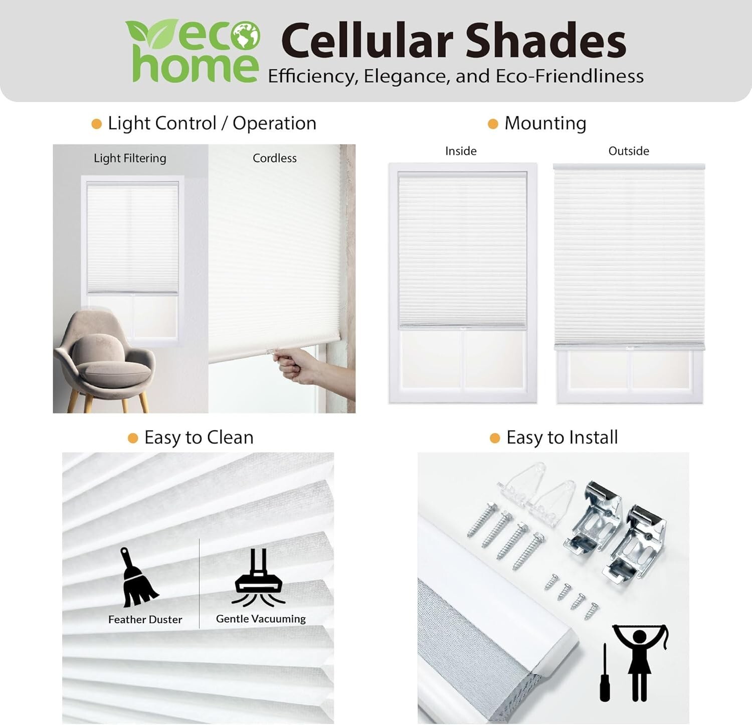 DEZ FURNISHINGS Cordless 1″ Light Filtering Cellular Shade 48.5″W x 48″H, White