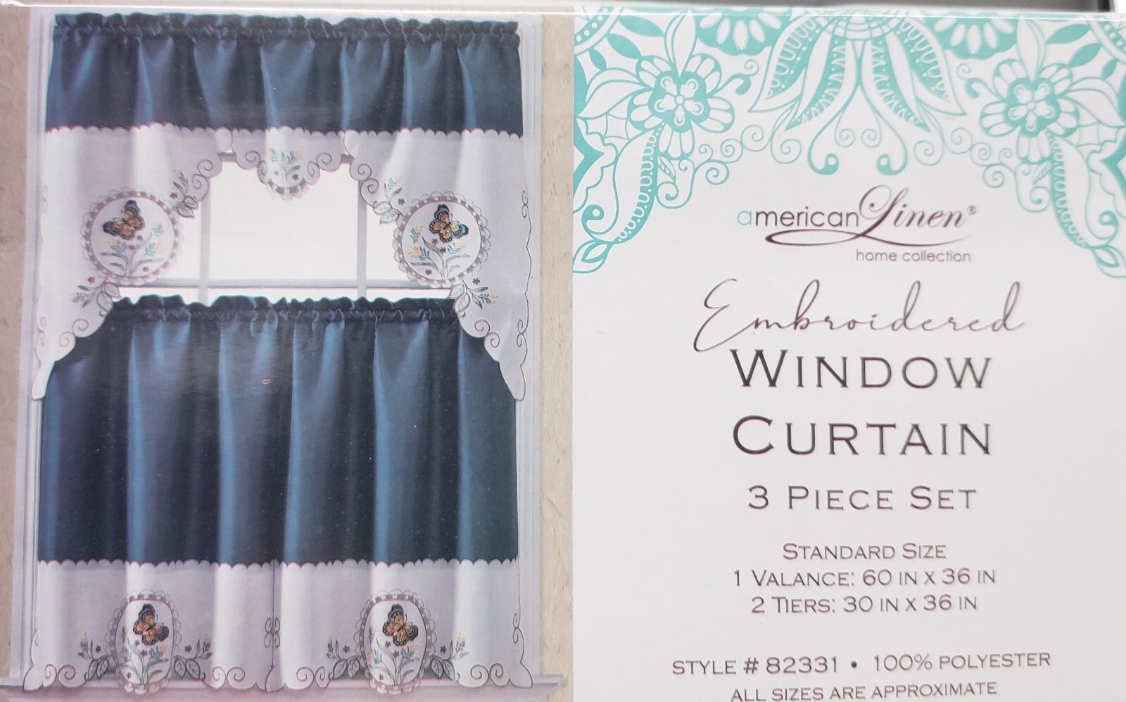 3pc. Embroidery Curtains Set:2 Tiers & Swag (60″x36″) BUTTERFLIES, blue, AL