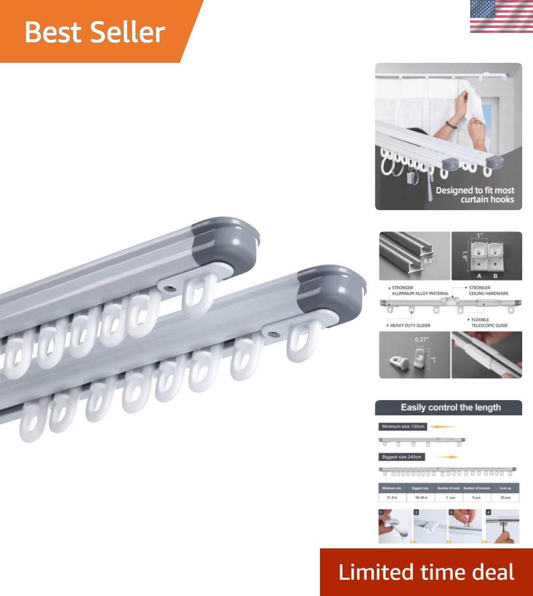 2 Sets of Retractable Curtain Track 51”-94” – Ideal for RVs and Bay Windows