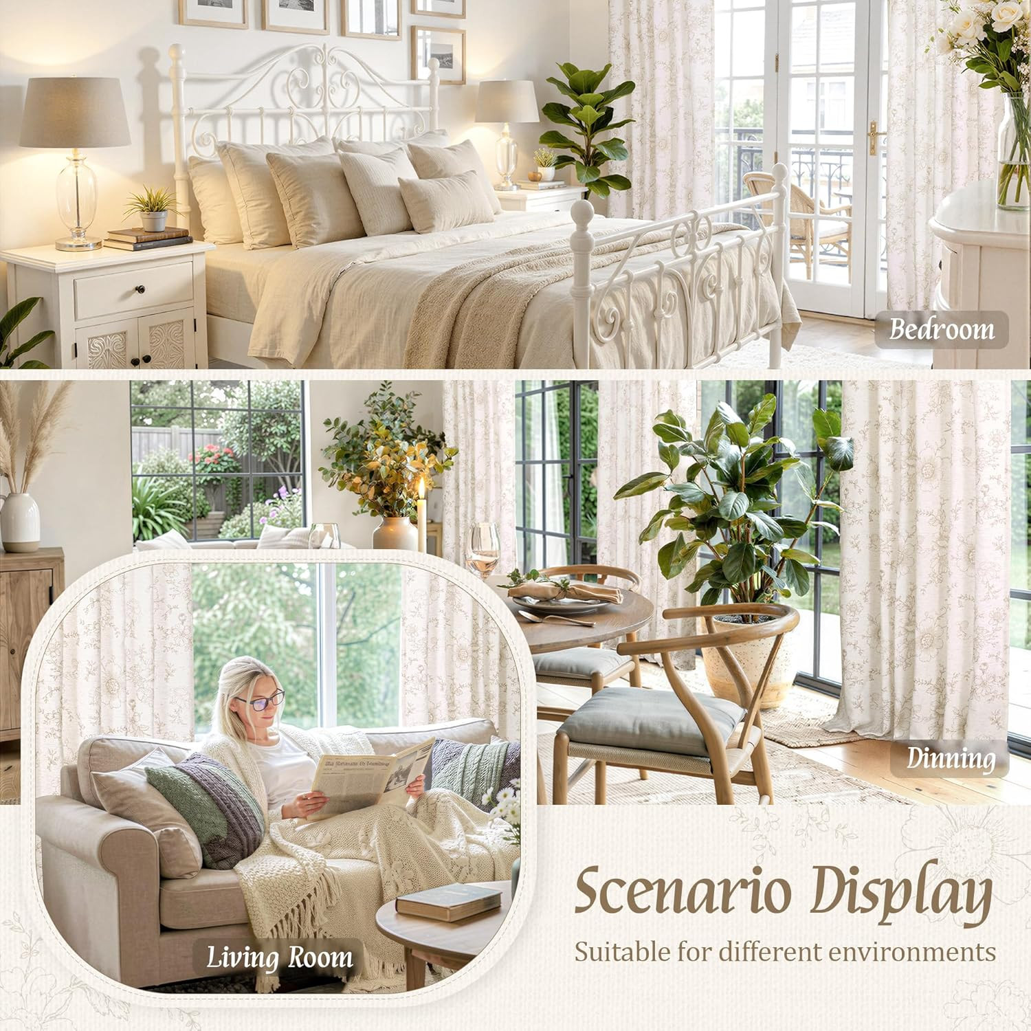 LAMIT Beige Floral Linen Curtains 63 Inch Length, Light Filtering Bedroom Drapes