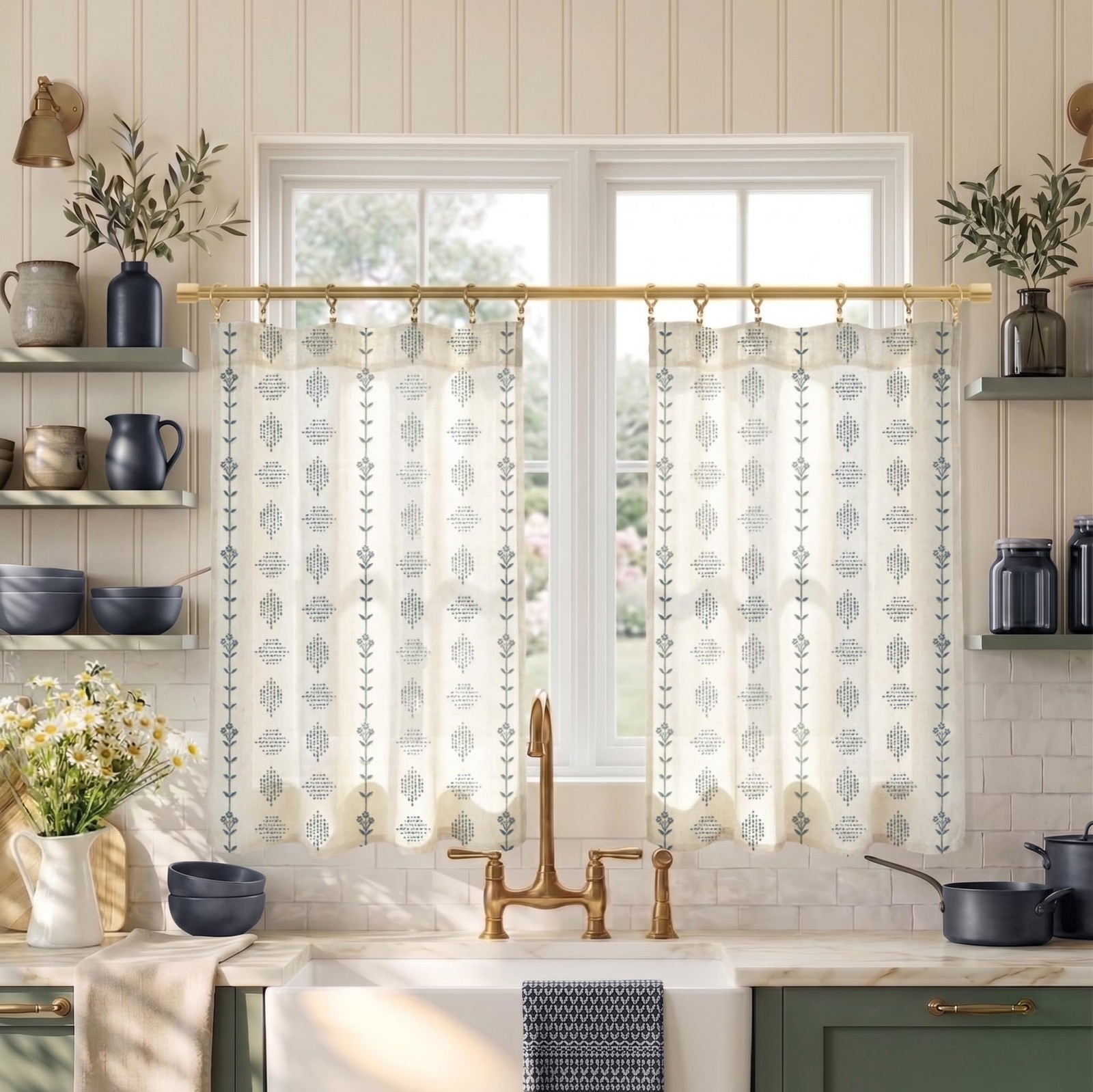 Lino Rosa French Country Curtains for Kitchen,Sheer Linen Nautical Geometric Azt