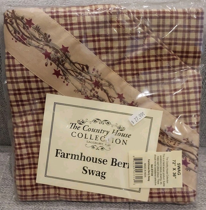 Farmhouse Berry Star Red Gingham Checked Window Swag 72″ x 36″ Primitive Country