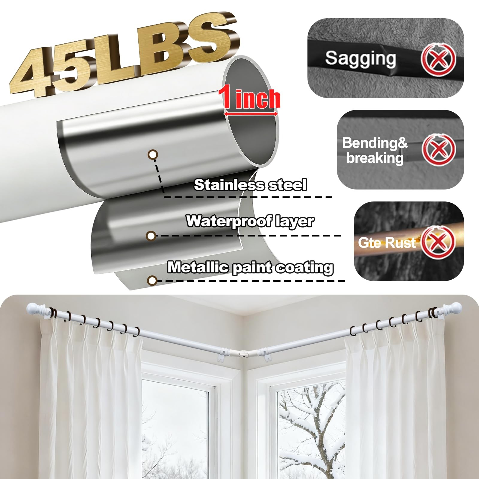 Corner Curtain Rod for Windows 1 Inch – Adjustable L-shaped, Glossy White