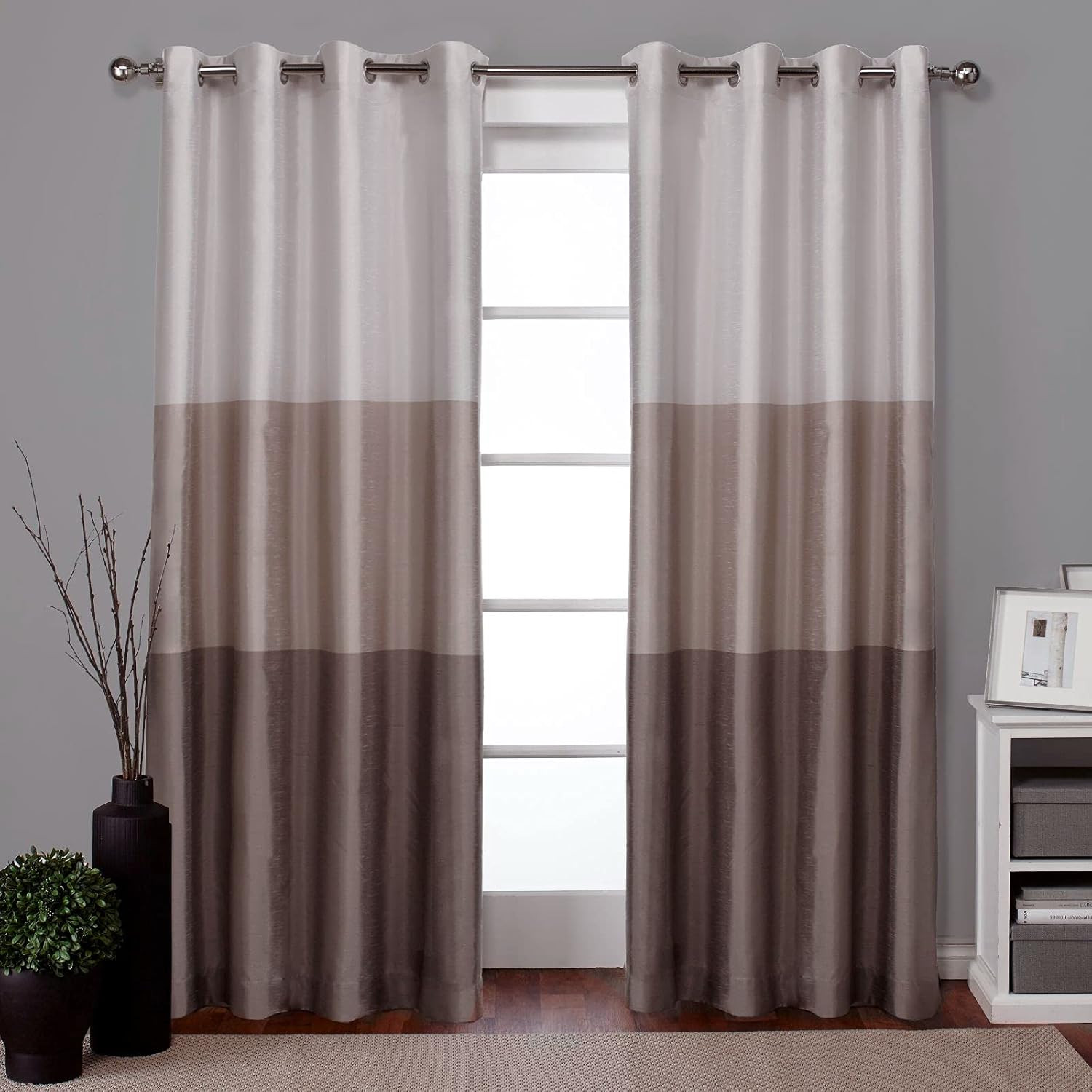 Chateau Striped Faux Silk Grommet Top Curtain Panel Pair, 54″X96″, Taupe