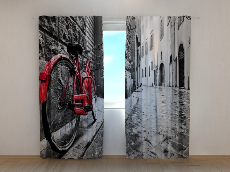 3D Photo Curtain Red Bike in Black and White City By Wellmira Made to Measure