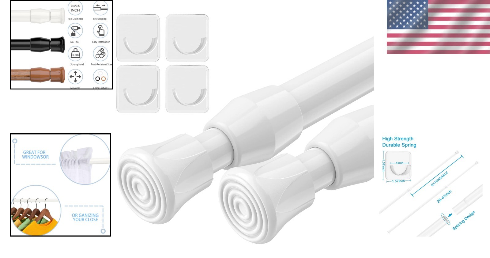 Durable White Iron Spring Tension Rods for Curtains – 27″ to 37″ (Set of 2)