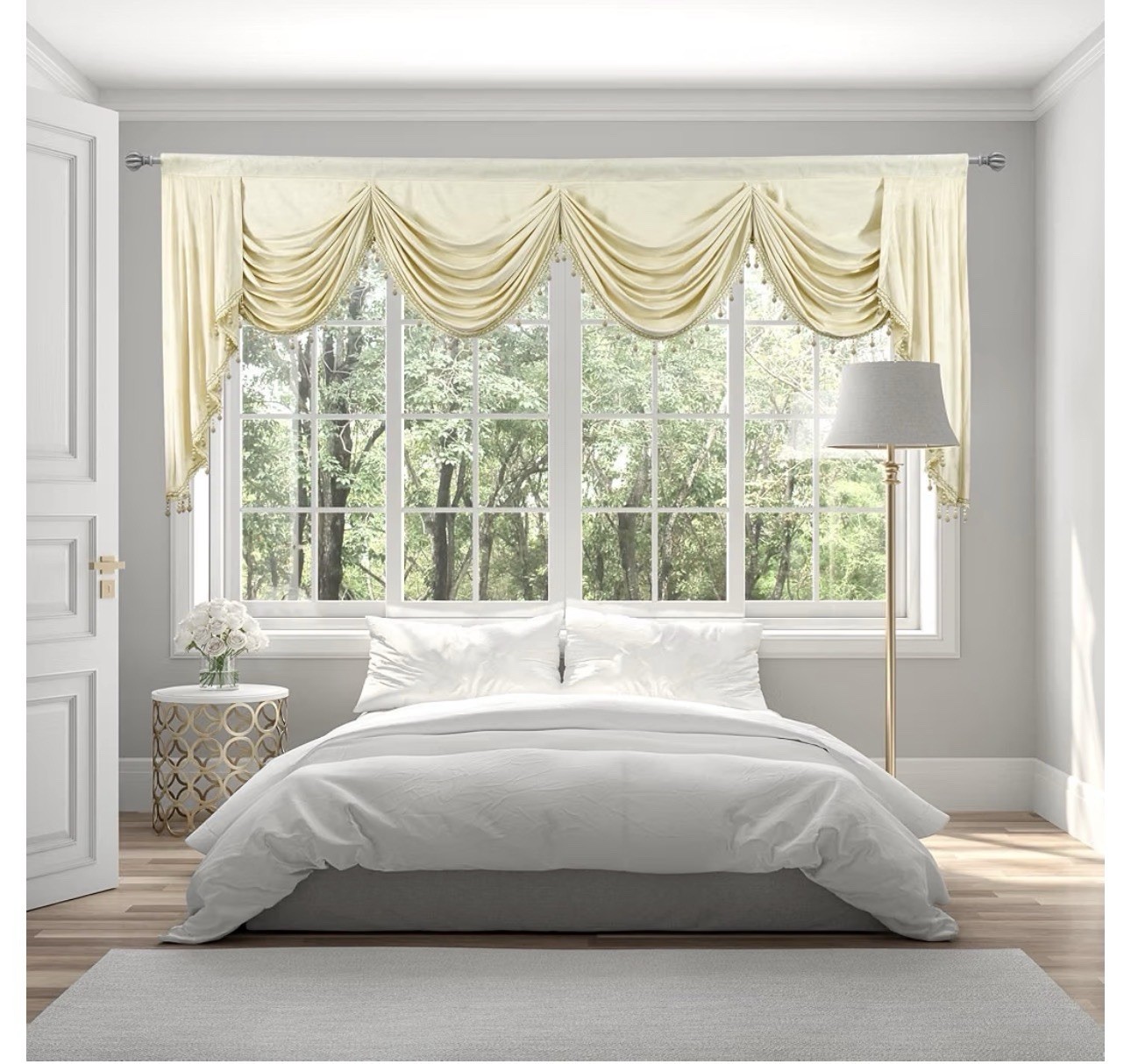 Ivory Velvet Window Valance With Beads Waterfall 1 Panel 110x48L” Gorgeous Touch
