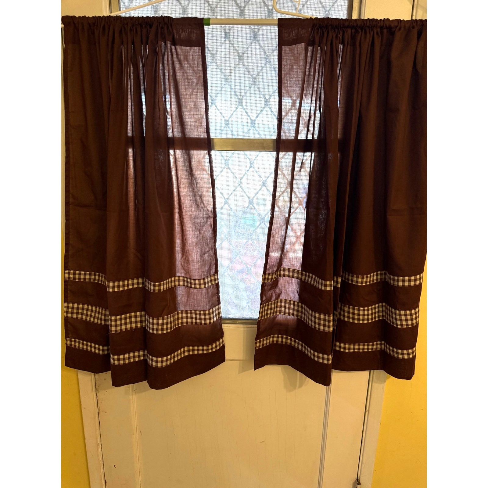 Vintage 1980s Handmade Brown Gingham Check Curtain Panels Set of 3 Cottagecore