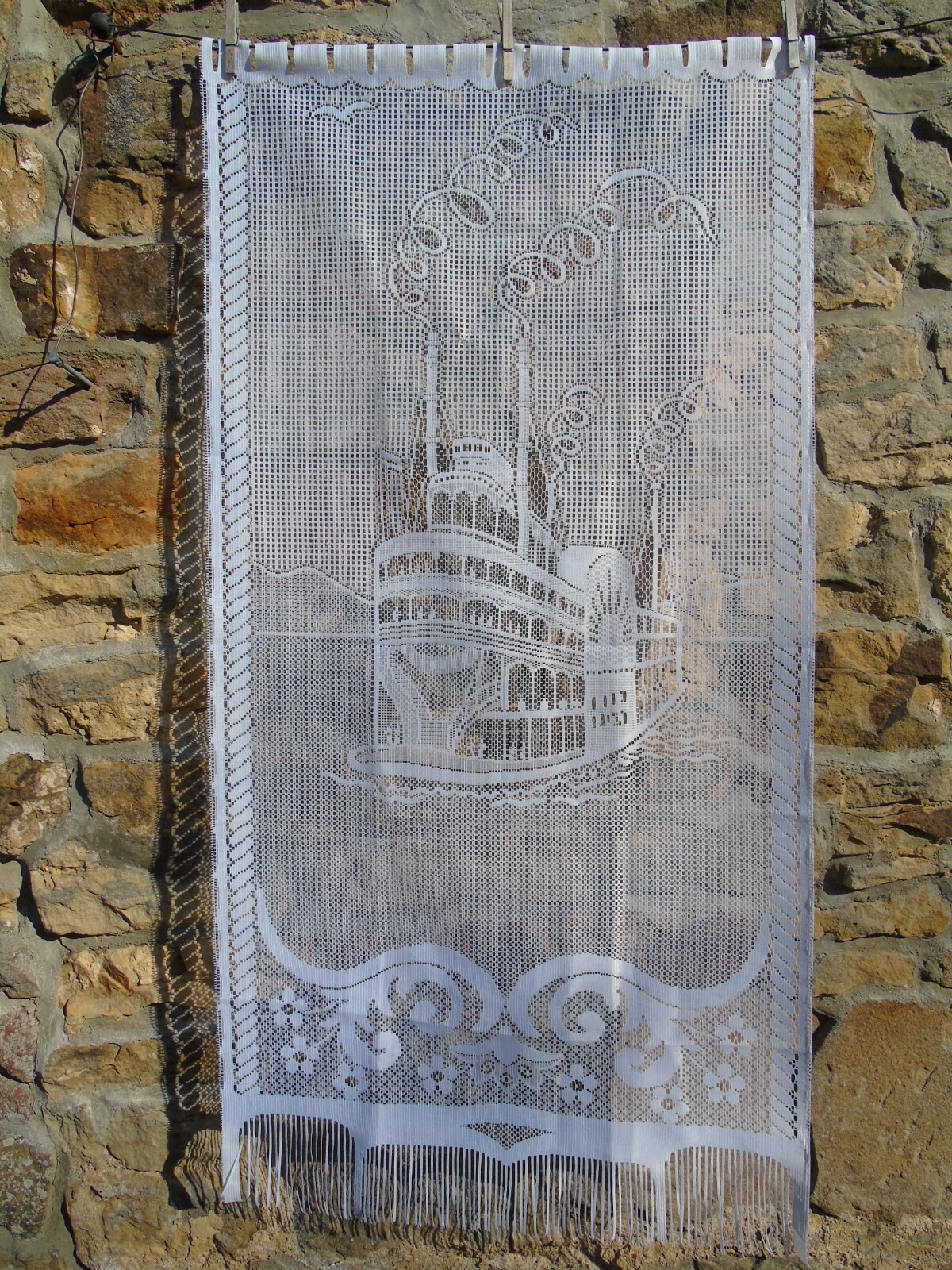 French 1 of white curtains lace steamboat landscape motif 23” x 47”