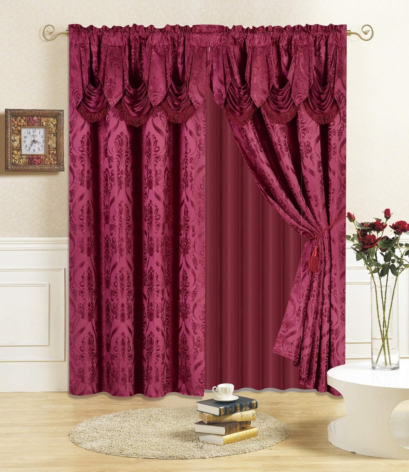 New 4 Piece Drape Set with Attached Valance and Sheer with 2 Tie Backs Includ…