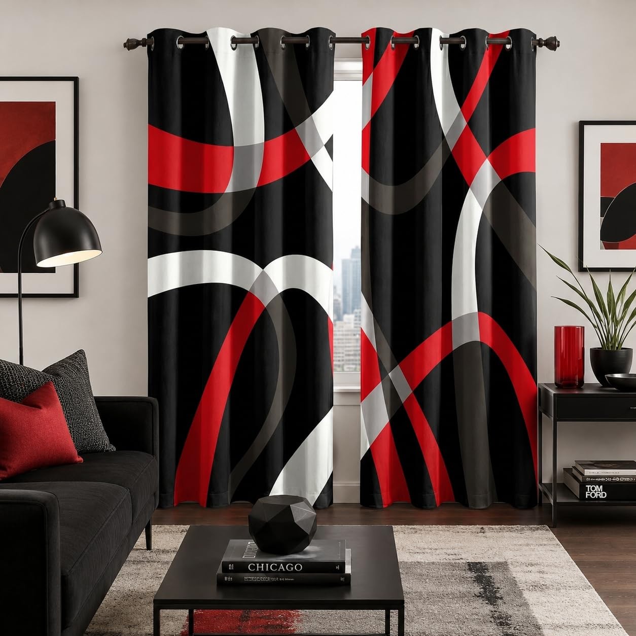 Modern Black and Red Blackout Curtains, Abstract Gray Stripe Circle Geometric…