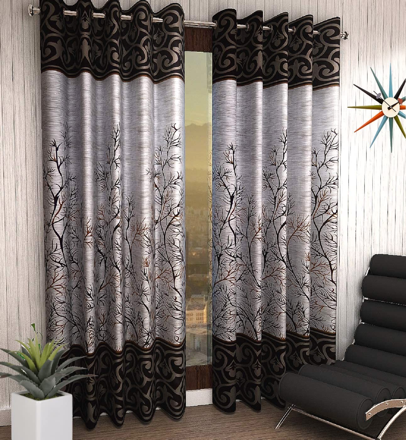 Window Curtain Set Washable Polyster Panel Design Brown (7 FEET) Pack 2