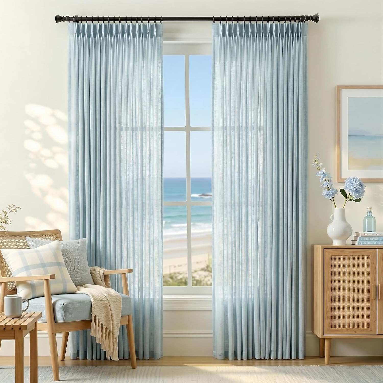 jinchan Blue Pinch Pleated Linen Curtains for Living Room Curtains 84 Inches Lon
