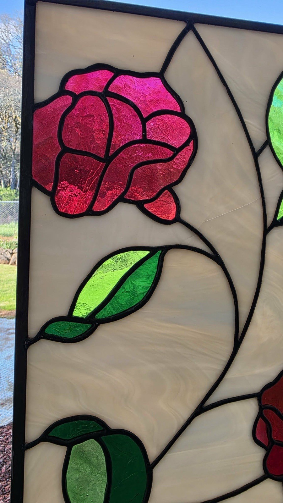 Stained Glass Red Rose Suncatcher Window Art Decor 17.5×10.5″ Vintage