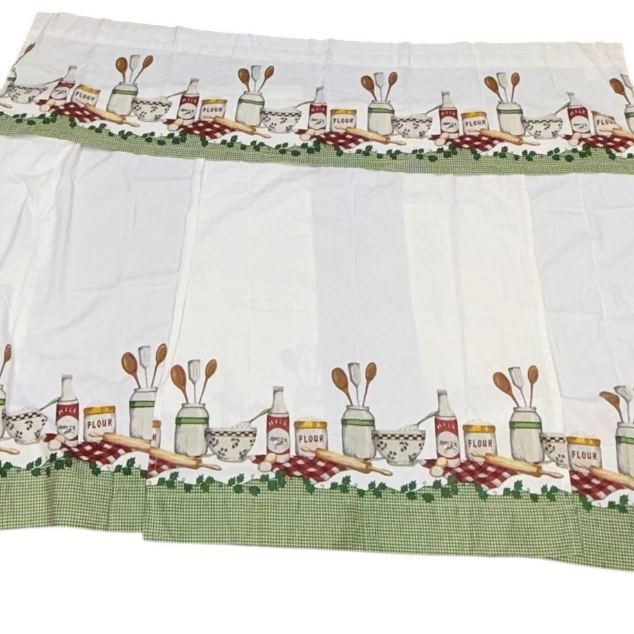 Vtg Better Homes Kitchen Curtains Panels & Valance Country Baking Gingham Cotton