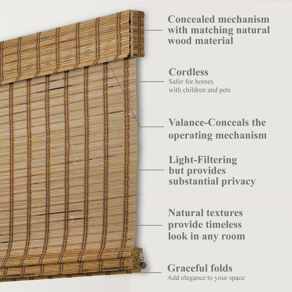 Natural Woven Light Filtering Cordless Bamboo Roman Shades for Windows, 71 In. W