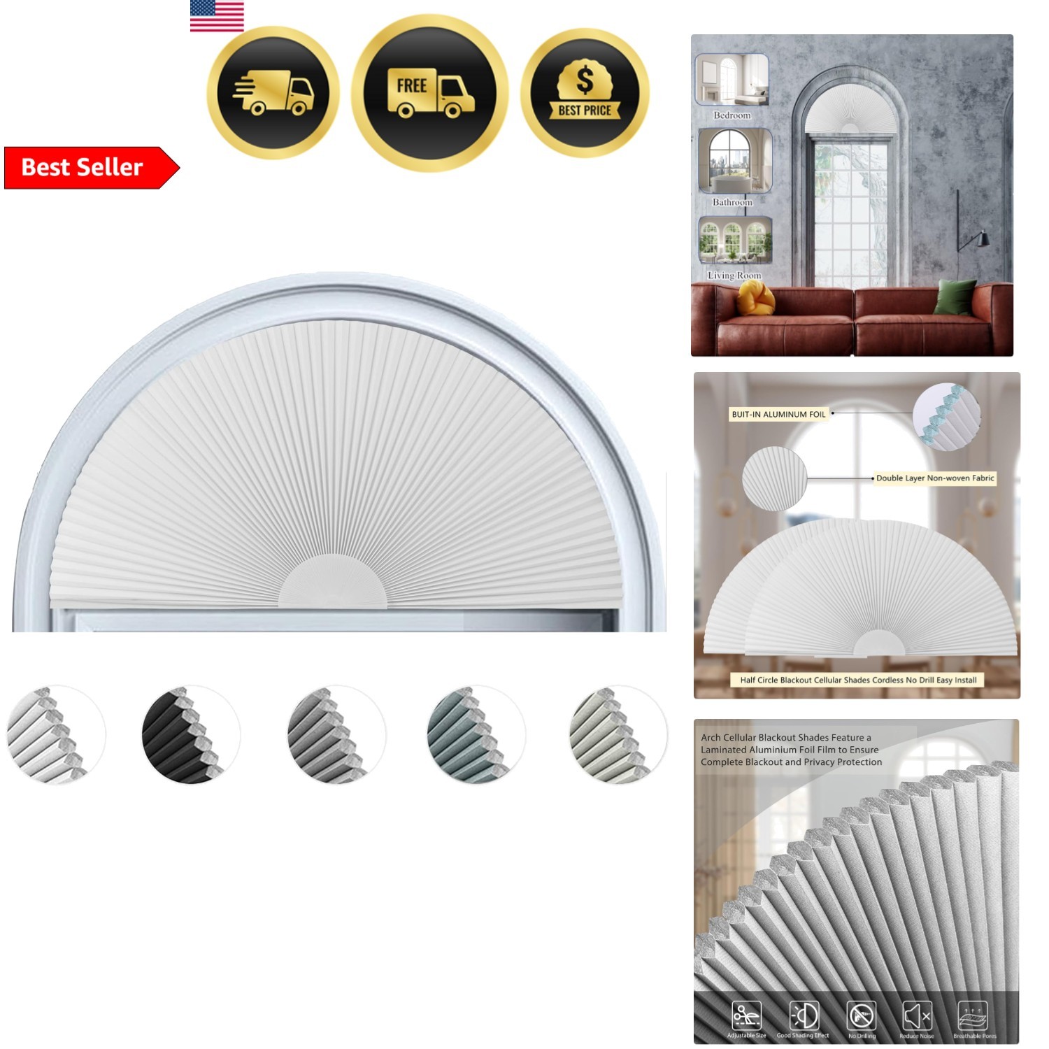Blackout Cellular Window Shade Semi Circular Light Blocking Blinds for Indoor…
