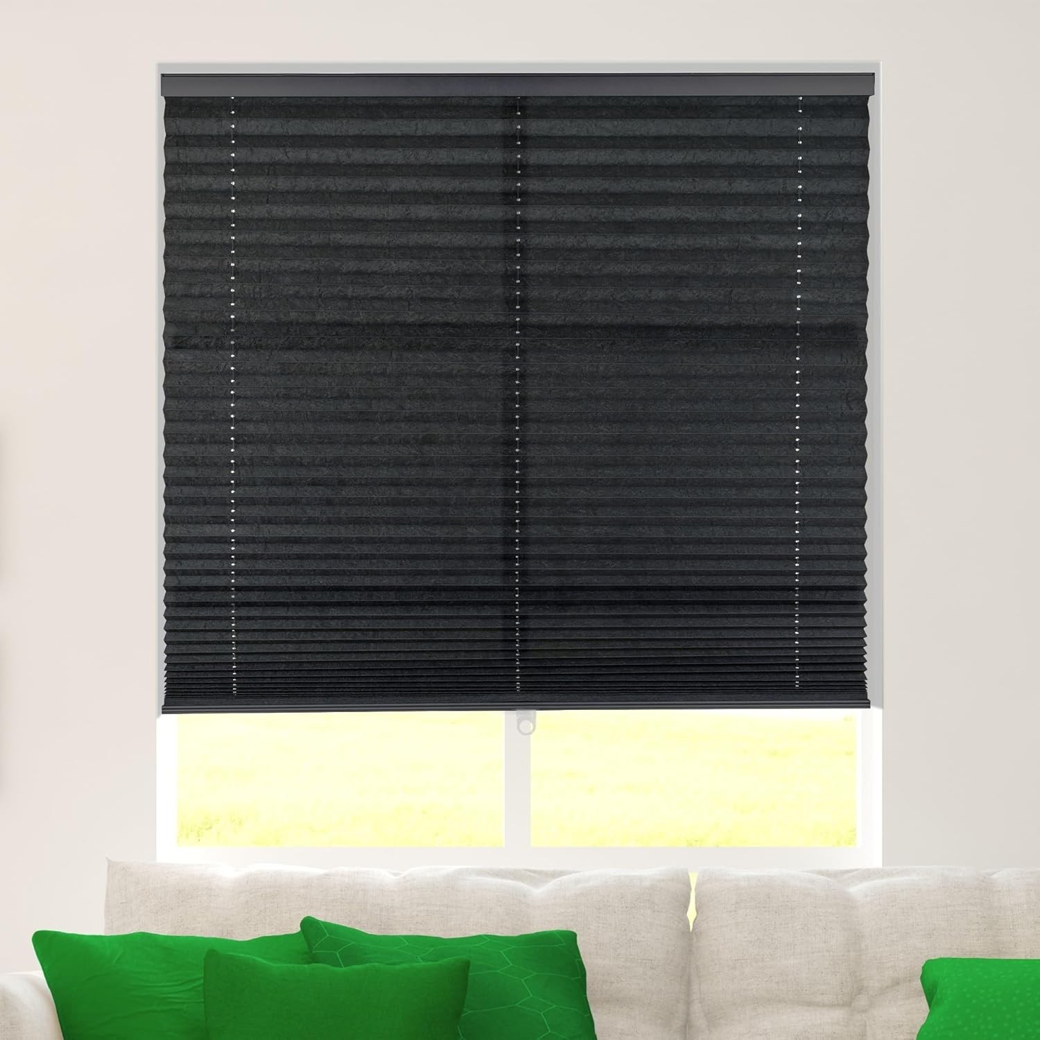 Window Shade 24×72 Cordless Pleated Fabric Light Filtering Black Polyester